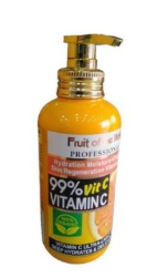 500ml bottle of Fruit of the Wokali Professional Care 99% Vitamin C Body Lotion with a gold-colored pump dispenser.