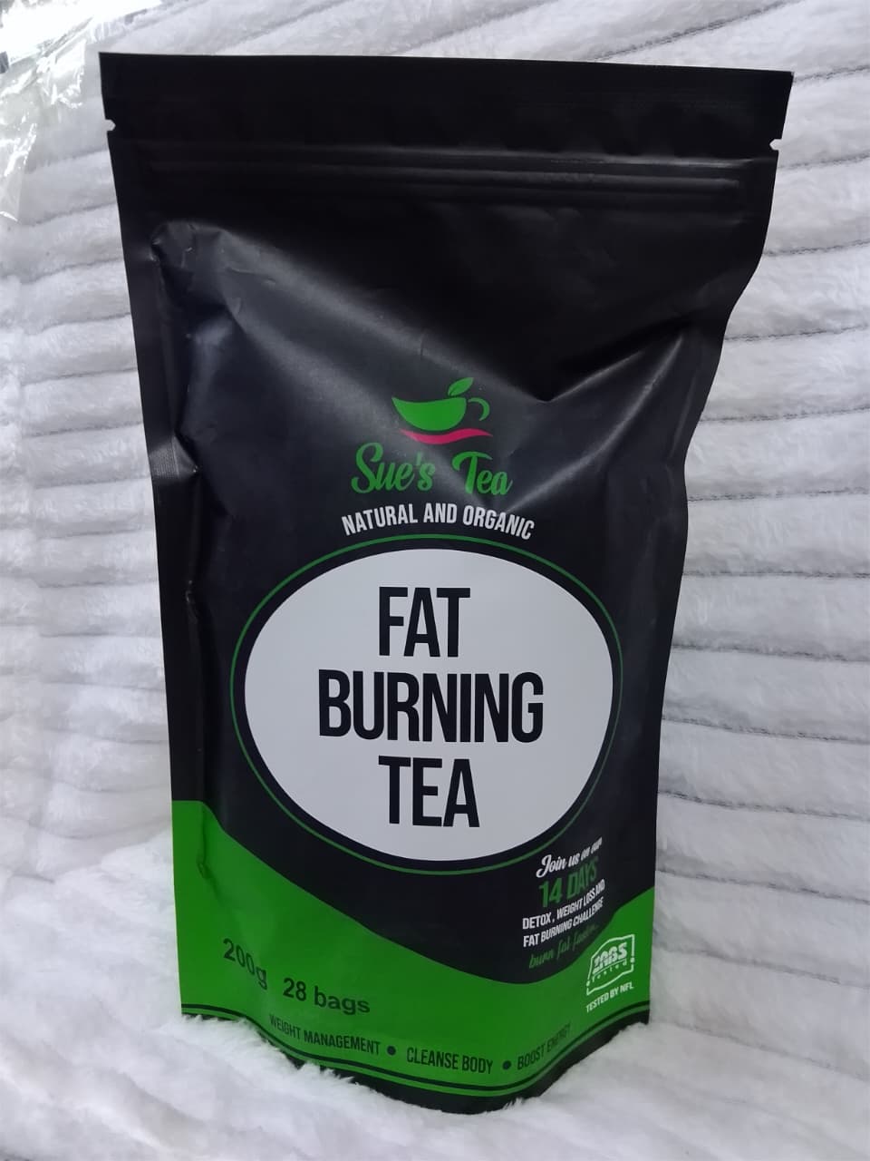 200g pouch of Sue's Tea Natural and Organic Fat Burning Tea, containing 28 tea bags.
