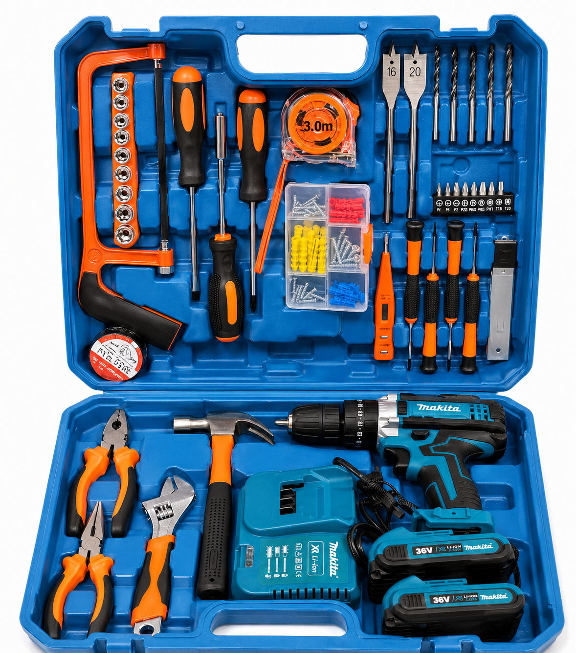 Cordless Drill Tool Kit 36V With 2 Batteries, Charger & Complete Hand Tools Set – Professional DIY Kit