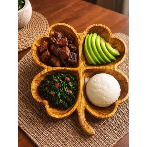 4-in-1 Brown Leaf & Clover Handcrafted Wooden Serving Tray – Multi-Compartment Snack & Serving Platter,Featuring a practical multi-compartment design, it's perfect for serving nuts, dried fruits etc