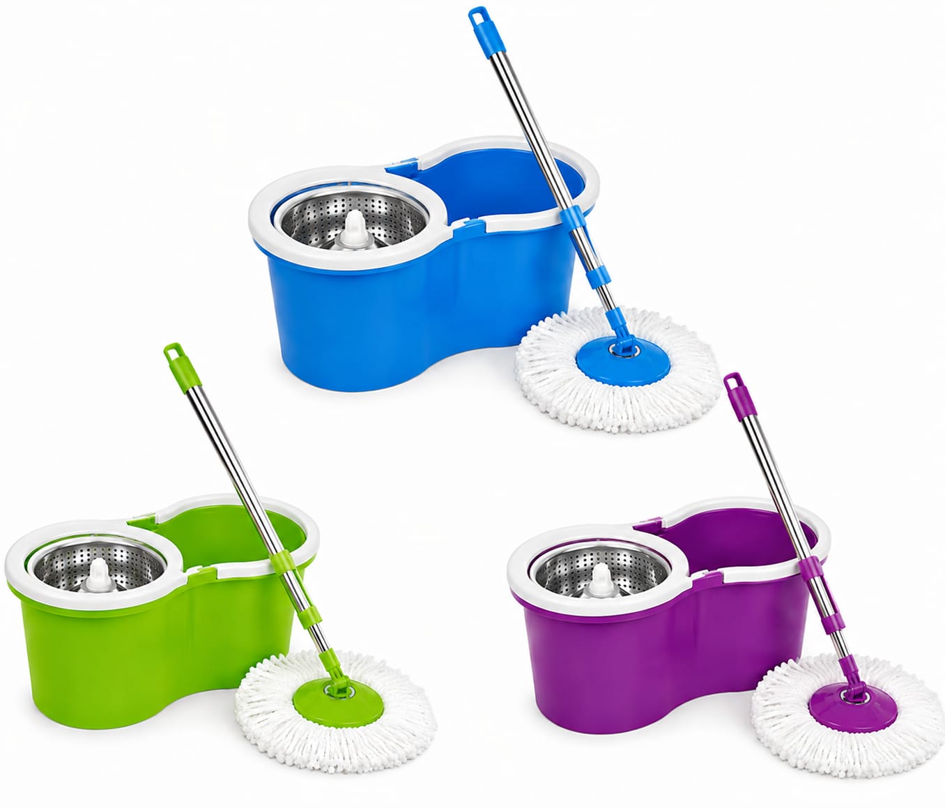 Microfiber Spin Mop with Extra Head – Metallic Spin Cleaning Mop for Home Floor Cleaning, Purple, Blue & Green