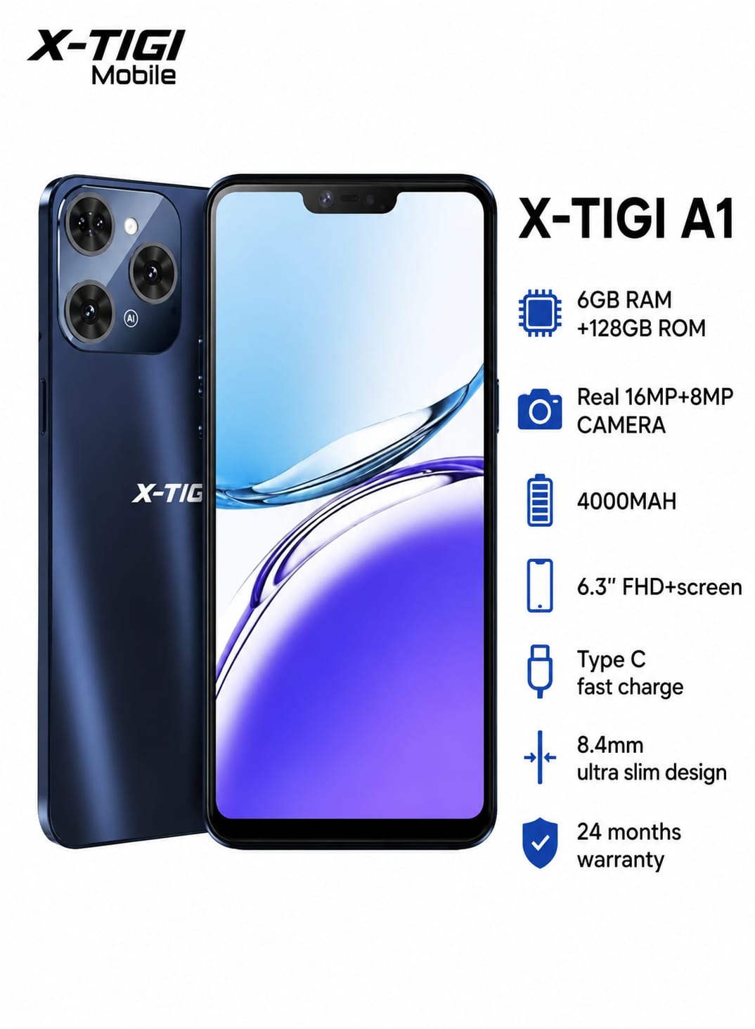 ORIGINAL PHONE ON OFFER!! X - TIGI A1, 6GB RAM + 128GB ROM, 8.4mm ultra slim, very clear camera 16MP+8MP, long lasting battery 4000mAh, with free silicone cover. 2yr warranty, a very light smartphone