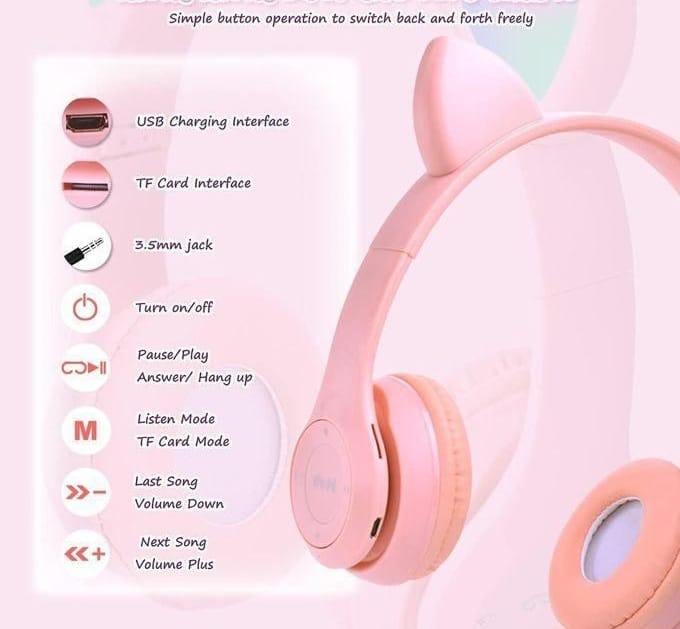 Cat Ears Headphones Head-mounted 5.0 Headset With Mic, wireless and wired connection for non stop entertainment, foldable.