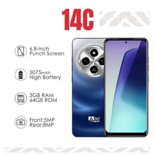 ORIGINAL PHONE ON OFFER!! ATEL 14C, STORAGE 64GB ROM+3GB RAM SCREEN DISPLAY 6.8 INCHES BIG BATTERY CAPACITY 5750MAH FRONT CAMERA 5MP+REAR 8MP, SIDE FINGERPRINT, ANDROID SMARTPHONE, 1YR WARRANTY.