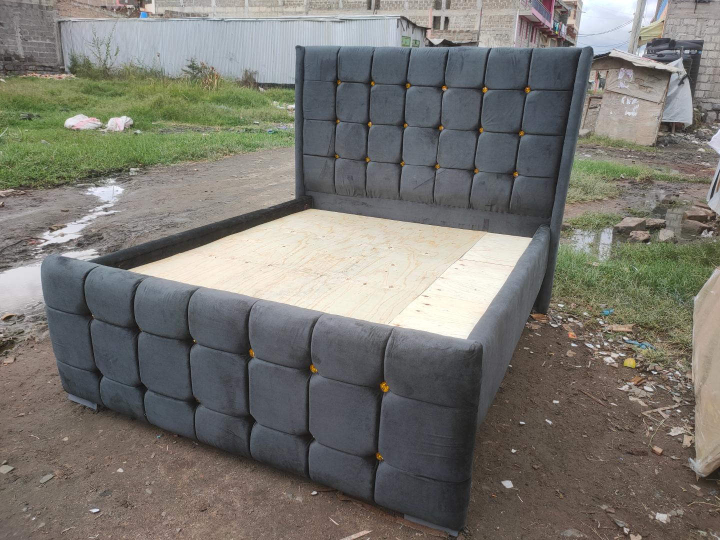 chester bed  Bed Frame High Quality Durable Beds Vertical Panel Design with Golden Accents