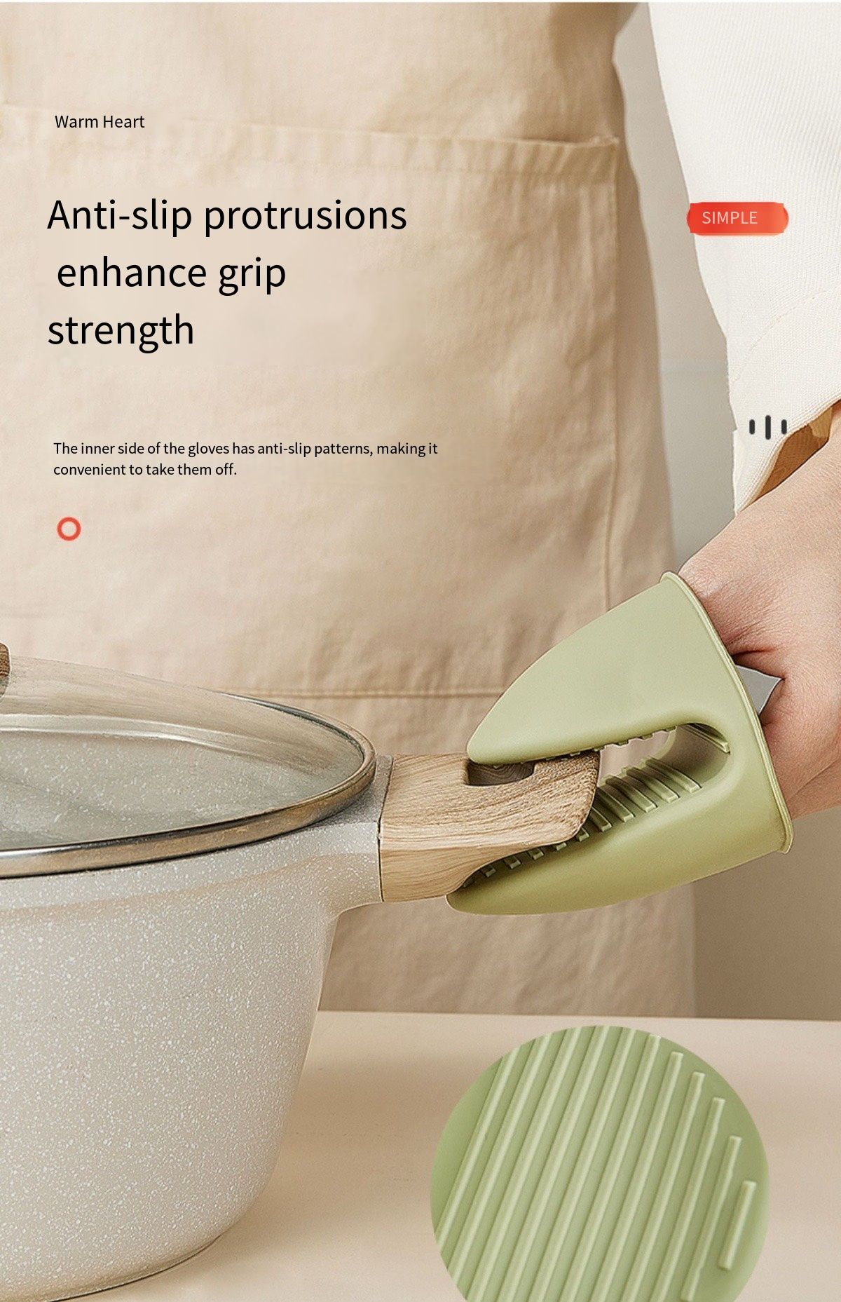 Silicone thickened heat-insulating gloves for kitchen use. Suitable for high-temperature baking ovens, microwave ovens and oven mitts. Also protects handles of pots and pans.