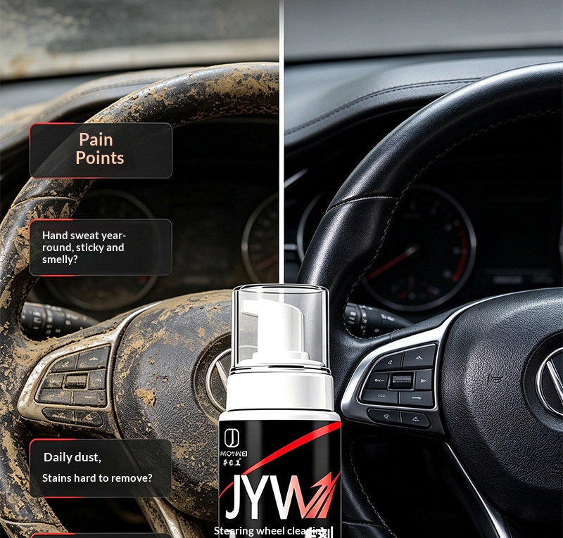 Car steering wheel cleaner, removing patina, car interior leather refurbishing, removing grease, multi-functional foam cleaning agent