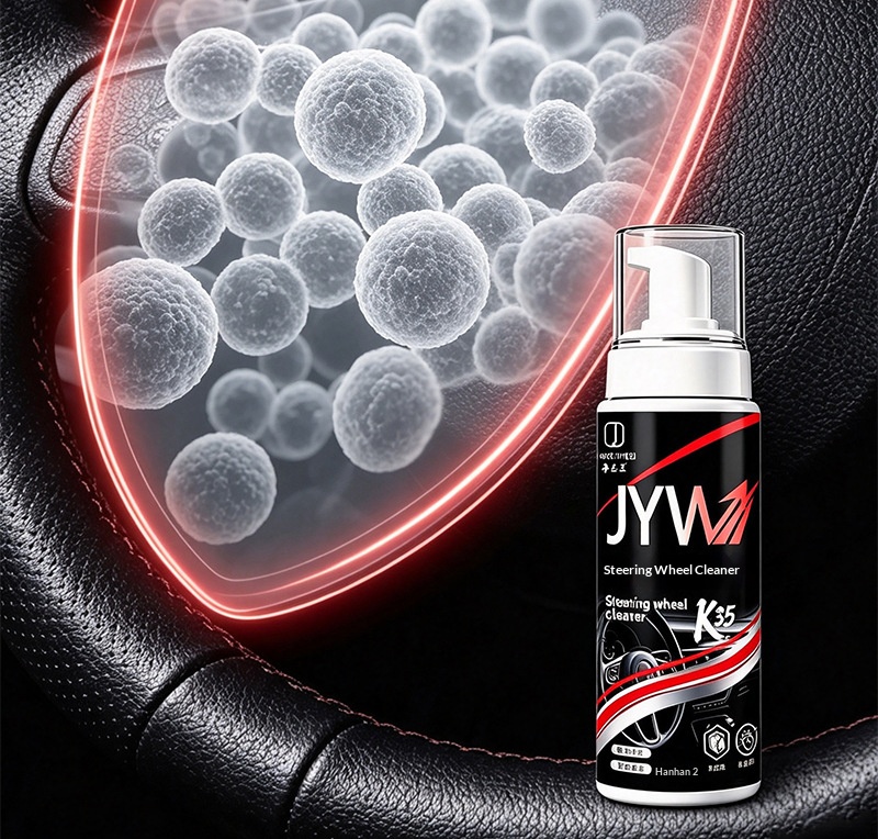Car steering wheel cleaner, removing patina, car interior leather refurbishing, removing grease, multi-functional foam cleaning agent