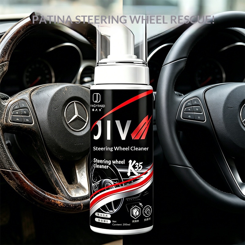 Car steering wheel cleaner, removing patina, car interior leather refurbishing, removing grease, multi-functional foam cleaning agent