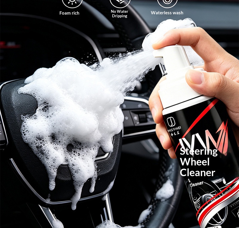 Car steering wheel cleaner, removing patina, car interior leather refurbishing, removing grease, multi-functional foam cleaning agent