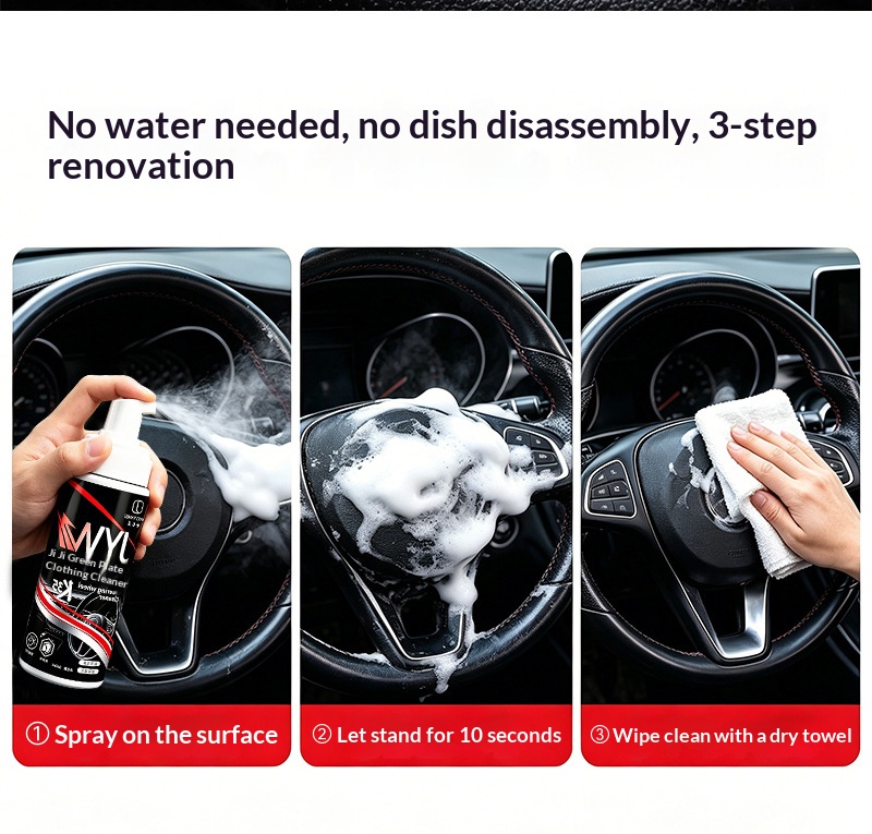 Car steering wheel cleaner, removing patina, car interior leather refurbishing, removing grease, multi-functional foam cleaning agent