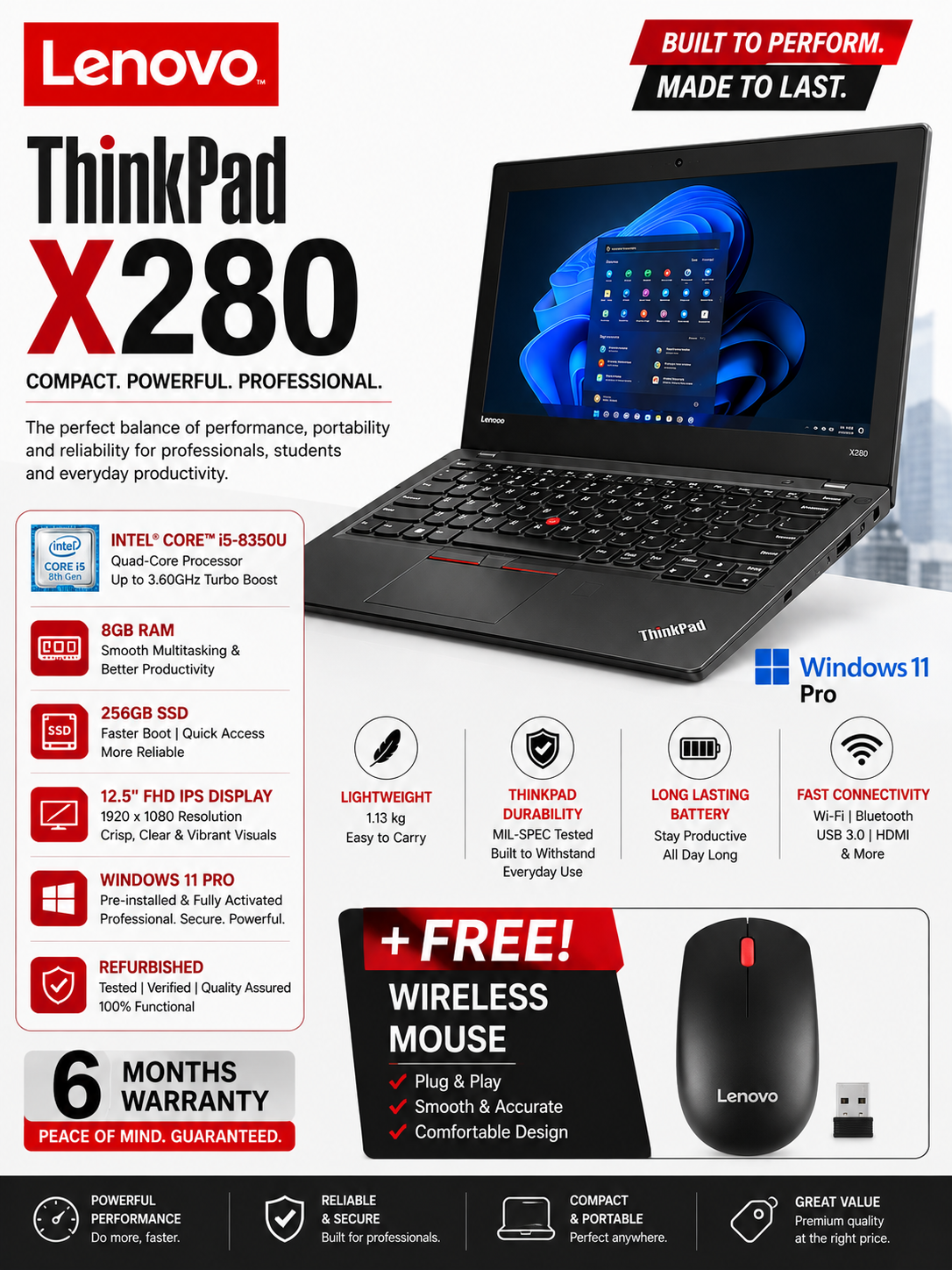 (BUY and GET FREE WIRELESS MOUSE) Lenovo ThinkPad X280 Intel Core i5-8th generation Quad-Core 8GB RAM 256GB SSD 12.5" FHD IPS Display Refurbished Windows 11 PRO 6 months Warranty + FREE Wireless Mouse