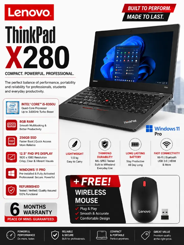 (BUY and GET FREE WIRELESS MOUSE) Lenovo ThinkPad X280 Intel Core i5-8th generation Quad-Core 8GB RAM 256GB SSD 12.5" FHD IPS Display Refurbished Windows 11 PRO 6 months Warranty + FREE Wireless Mouse