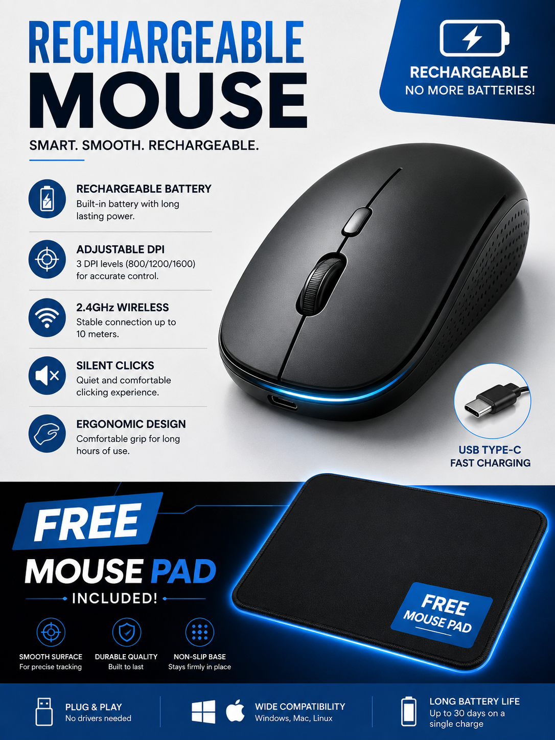(BUY & GET FREE MOUSE PAD) NEW Original HP W10 Dual Mode Rechargeable Wireless Mouse with Bluetooth and dangle Connectivity Silent Click, Ergonomic Design, Slim, Long Battery Life – Black