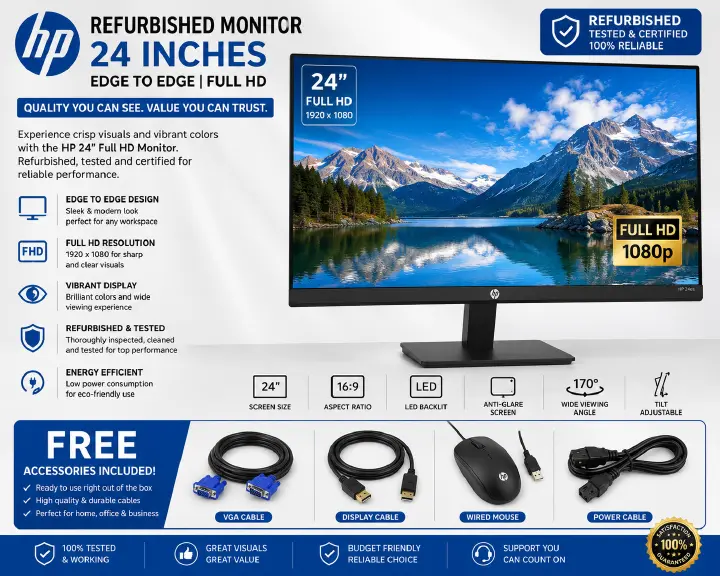 (BUY & GET FREE MOUSE ,DISPLAY CABLE And VGA CABLE) STYLISH LATEST EDITION  HP 24 Inch Full HD Monitor 1080P Edge to Edge Display Adjustable Stand Wide Screen IPS Monitor for Office Home ,Gaming