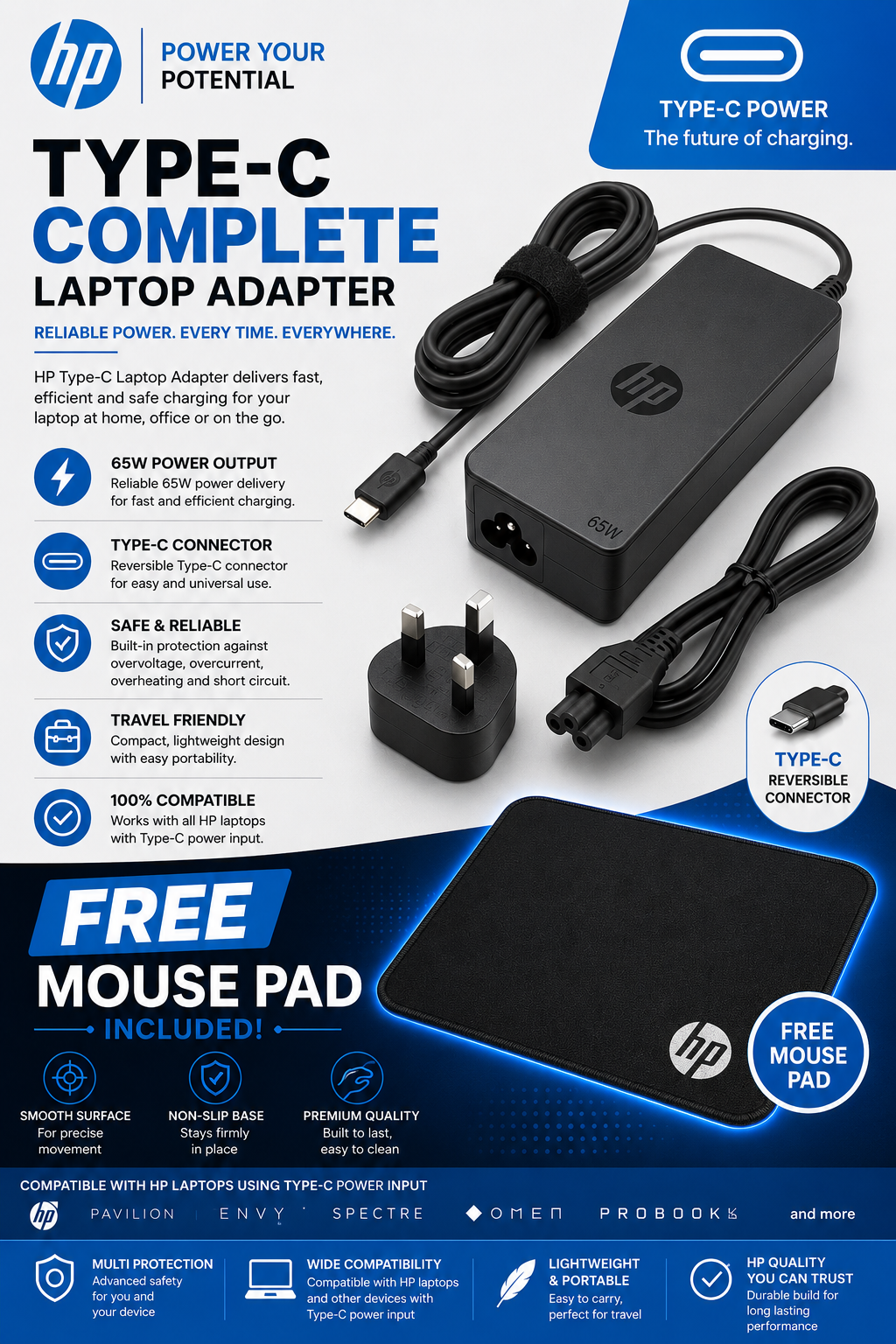 GET FREE MOUSE PAD(COMPLETE WITH POWER CABLE/FLOWER CABLE) HP 65W USB TYPE  C Laptop Charger For Spectre X360, Spectre, Chromebook, Elitebook X360, , ProBook Travel Type C Power Cord