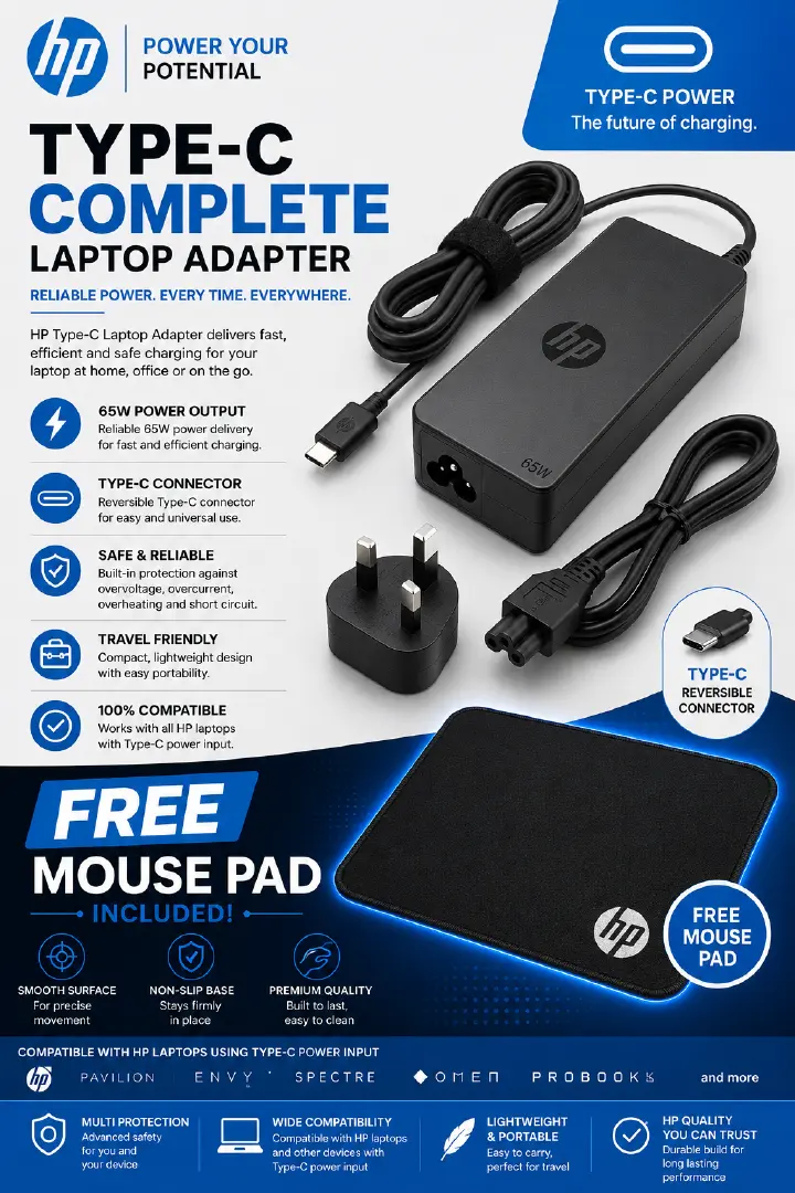 GET FREE MOUSE PAD(COMPLETE WITH POWER CABLE/FLOWER CABLE) HP 65W USB TYPE  C Laptop Charger For Spectre X360, Spectre, Chromebook, Elitebook X360, , ProBook Travel Type C Power Cord