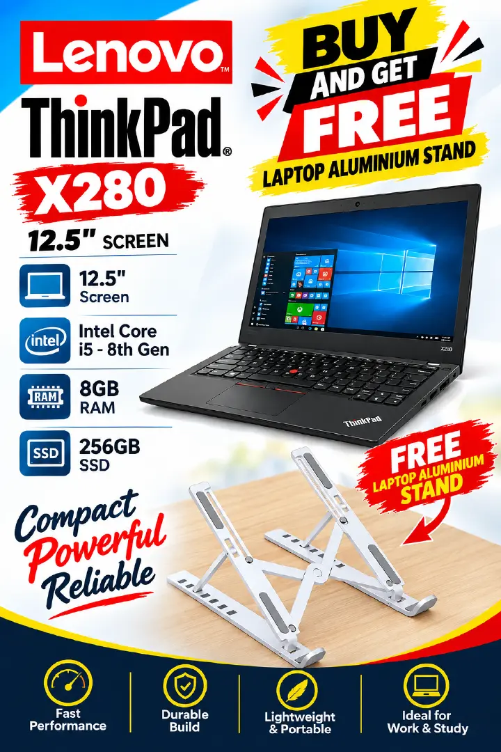 (BUY and GET FREE LAPTOP ALUMINIUM STAND) Lenovo ThinkPad X280 12.5" screen Intel Core i5-8th generation 8GB RAM 256GB SSD Refurbished Laptop 12.5" screen size windows 11 pro installed + Laptop Stand.
