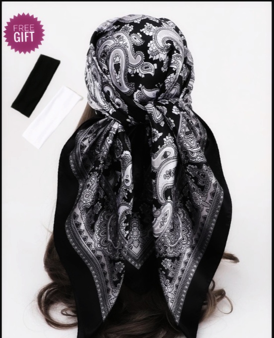 SALE ALERT! GOOD QUALITY BEST SELLING CASHEW PATTERN SCARF FOR WOMEN 90*90 CM....ITS VERY FASHIONABLE AND ELAVATES YOUR DAILY WEAR.COMES WITH 2 HEADBANDS BLACK AND WHITE