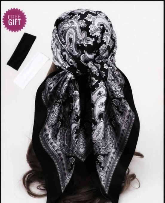 SALE ALERT! GOOD QUALITY BEST SELLING CASHEW PATTERN SCARF FOR WOMEN 90*90 CM....ITS VERY FASHIONABLE AND ELAVATES YOUR DAILY WEAR.COMES WITH 2 HEADBANDS BLACK AND WHITE