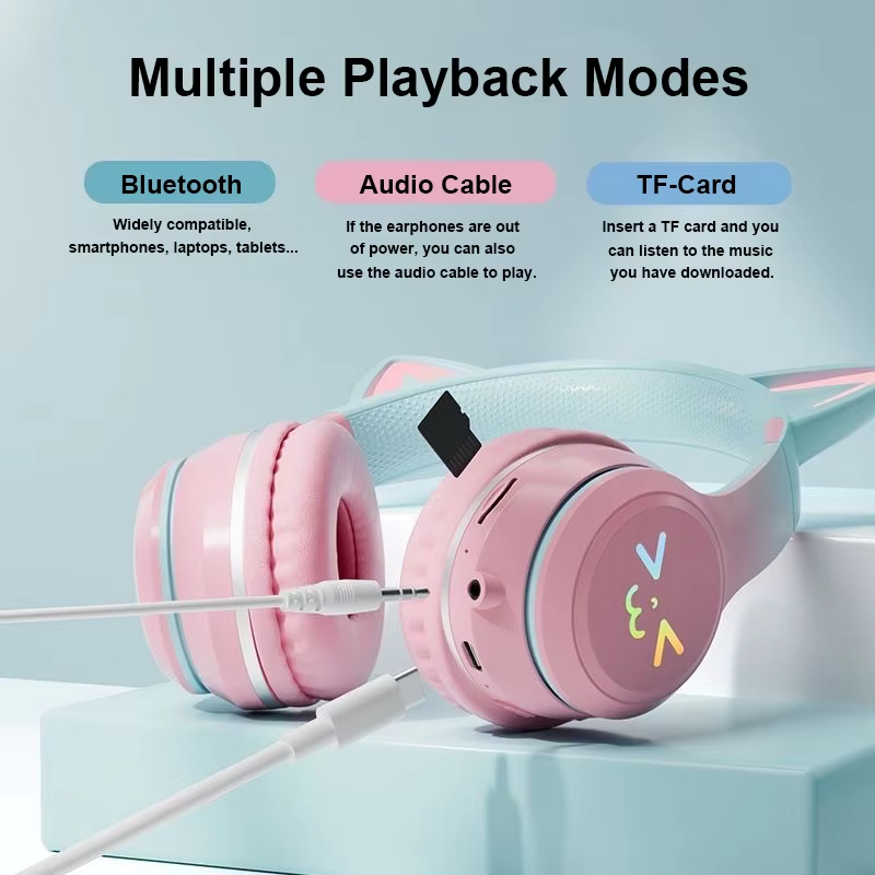 LED Flash Light Bluetooth Headphones Cute Cat Ears Wireless Earphone with Mic Kids Girls Stereo Cool RGB Headsets Bluetooth