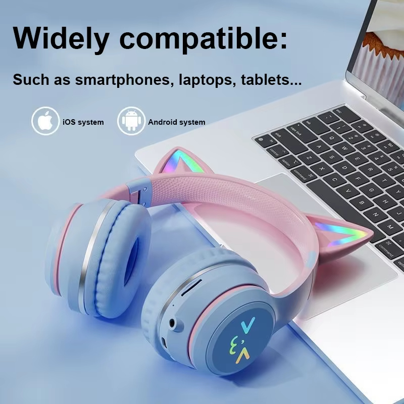 LED Flash Light Bluetooth Headphones Cute Cat Ears Wireless Earphone with Mic Kids Girls Stereo Cool RGB Headsets Bluetooth