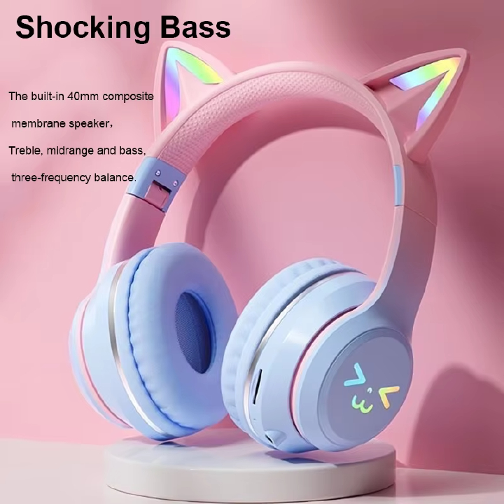 LED Flash Light Bluetooth Headphones Cute Cat Ears Wireless Earphone with Mic Kids Girls Stereo Cool RGB Headsets Bluetooth