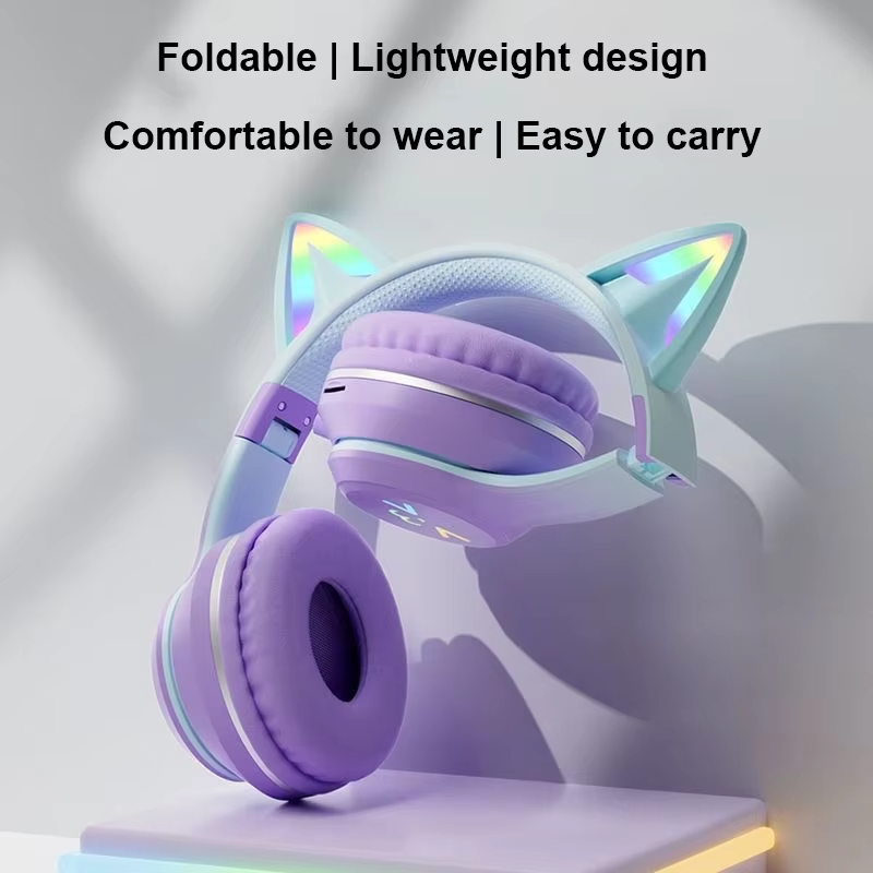 LED Flash Light Bluetooth Headphones Cute Cat Ears Wireless Earphone with Mic Kids Girls Stereo Cool RGB Headsets Bluetooth