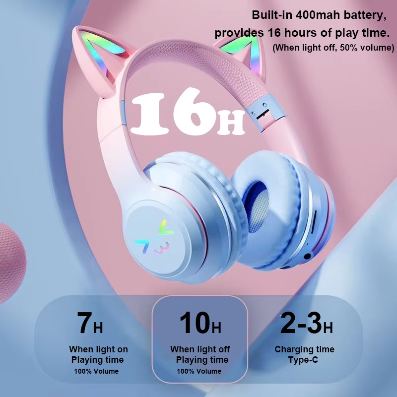 LED Flash Light Bluetooth Headphones Cute Cat Ears Wireless Earphone with Mic Kids Girls Stereo Cool RGB Headsets Bluetooth