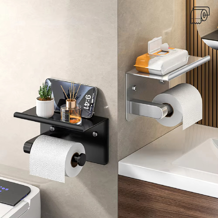 Adhesive Toilet Paper Holder Stainless Steel With Storage Shelf Toilet Paper Towel Holder Wall-mount Bathroom Storage Organizer
