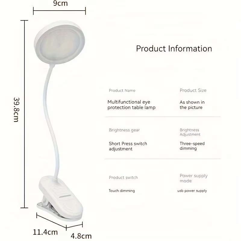 USB Rechargeable Clip On Desk Lamp, 3 Color Temperatures & Dimmable, LED Reading Light for Study Office Bedroom