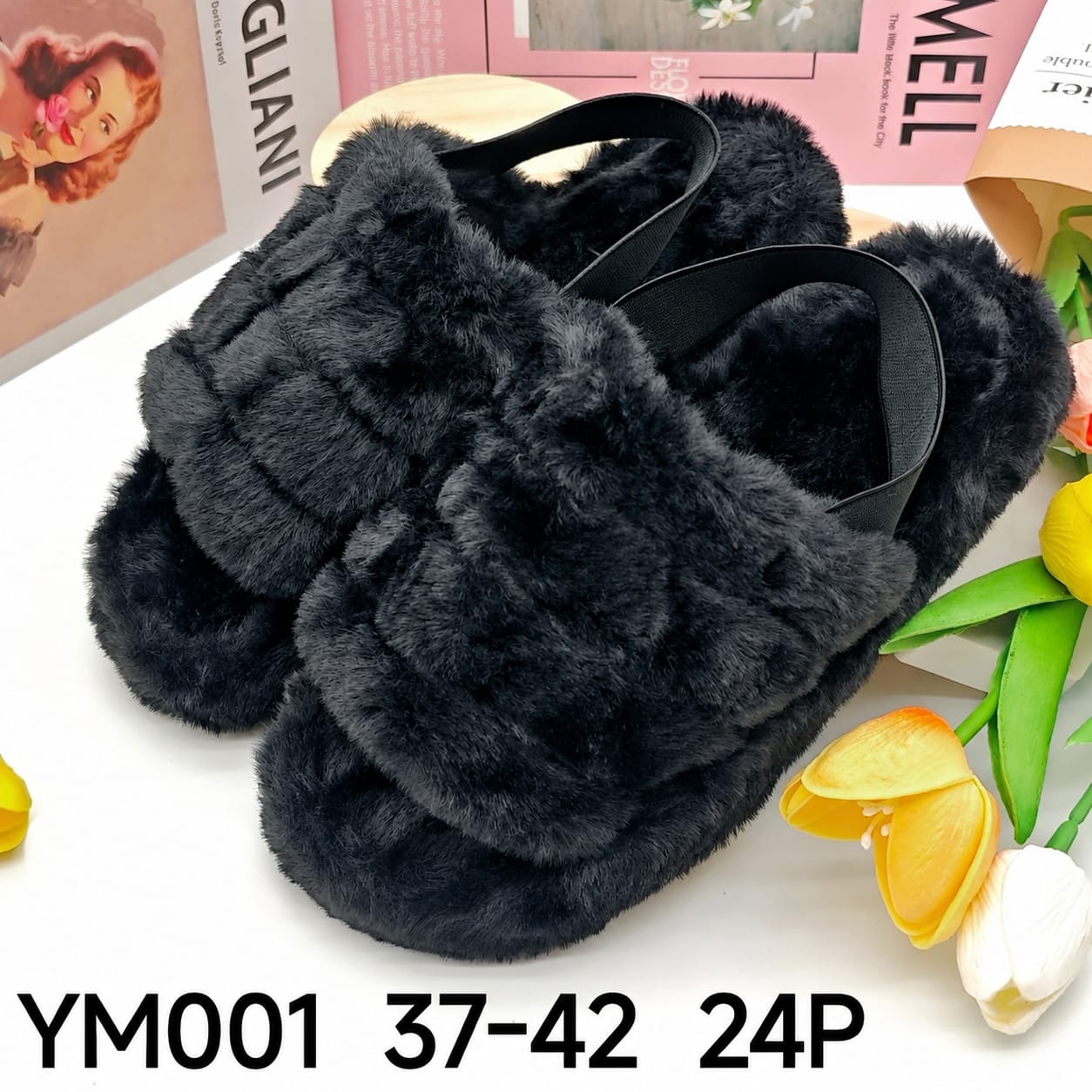 ALL BLACK Cozy Faux Fur Fashion Sandals– Fluffy Comfort Slides for Women