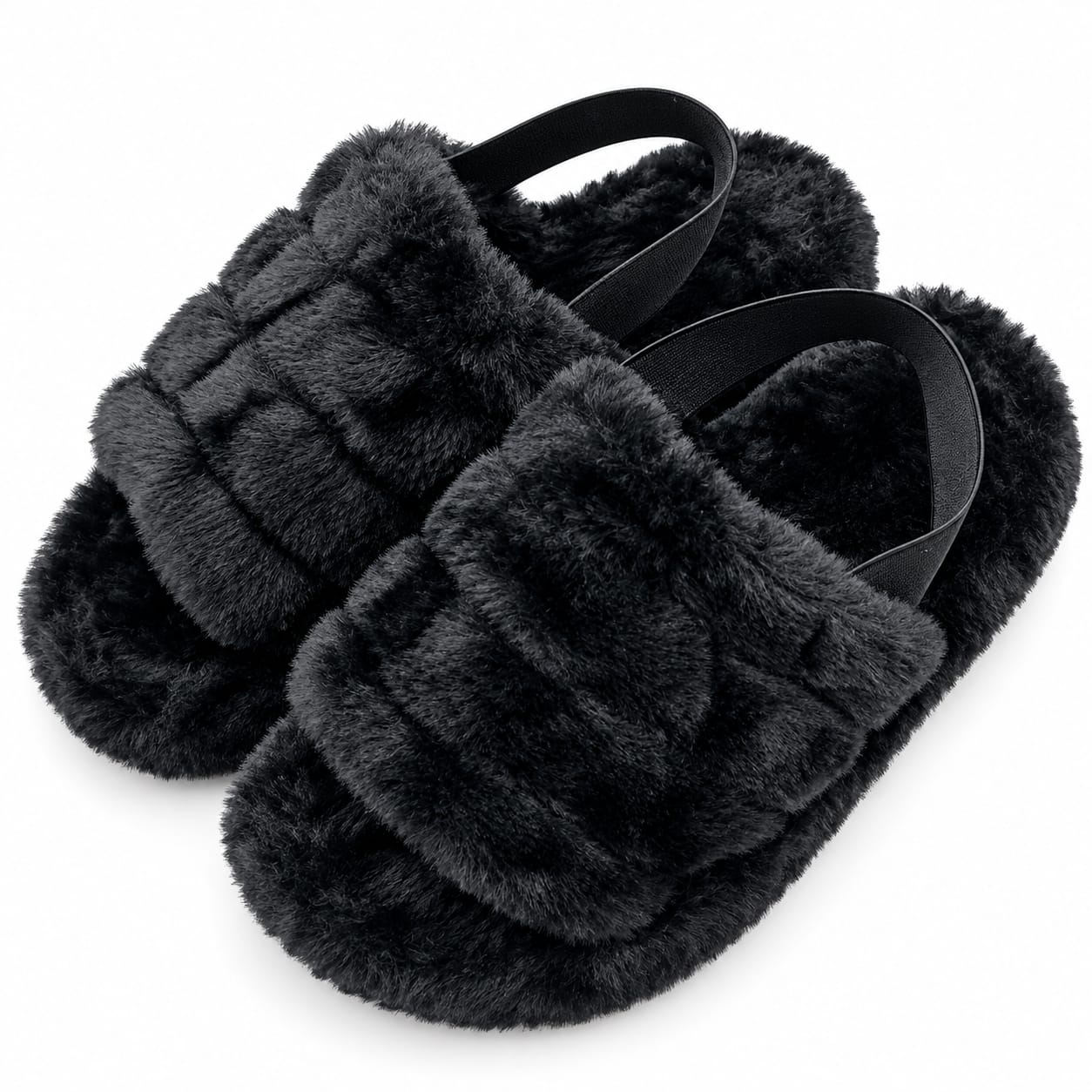 ALL BLACK Cozy Faux Fur Fashion Sandals– Fluffy Comfort Slides for Women
