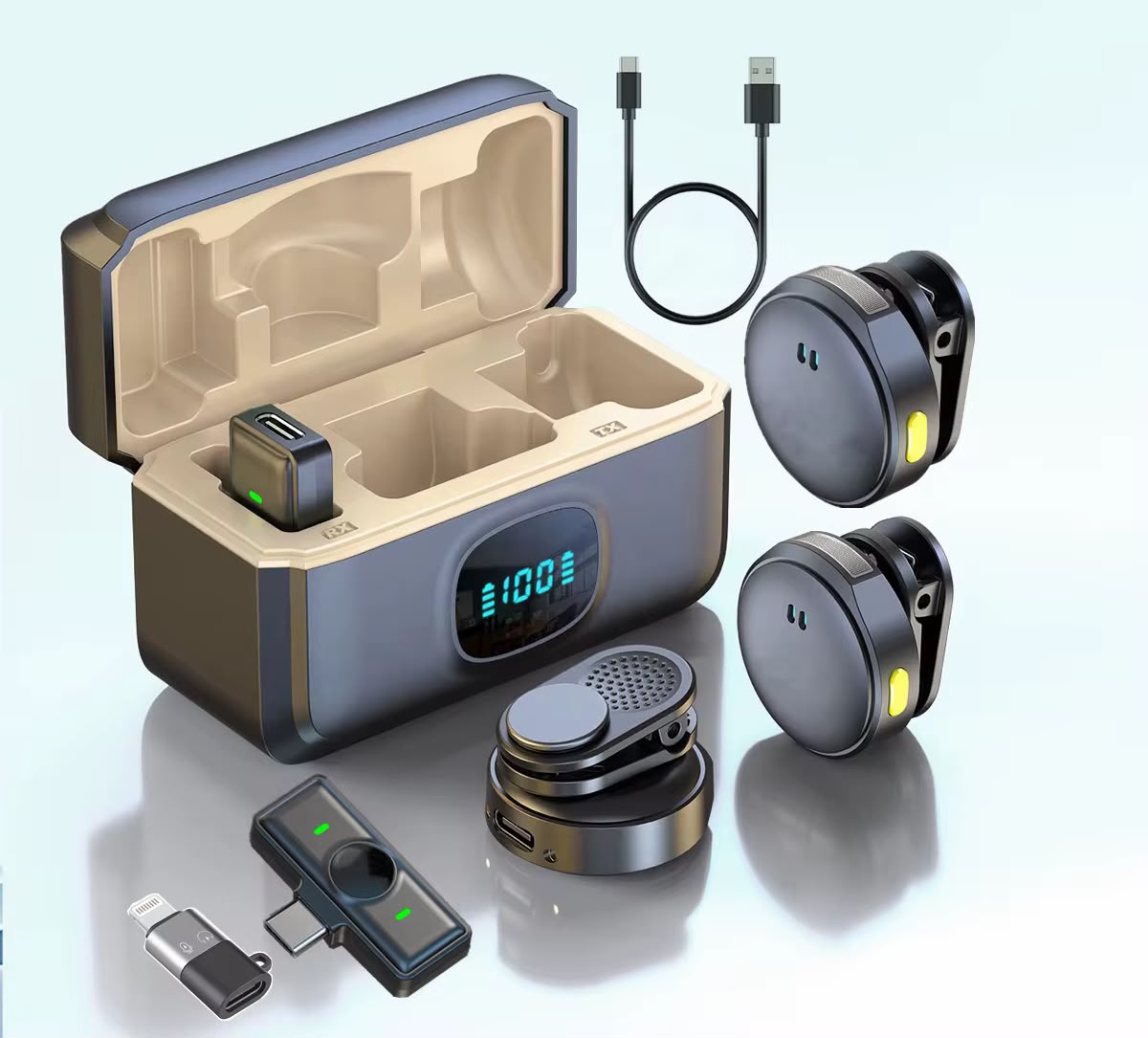 Dual noise cancellation magnetic wireless lavalier microphone system with a charging case with a digital battery display and power bank The set is designed for mobile devices, For TYPE-C DEVICES!!!