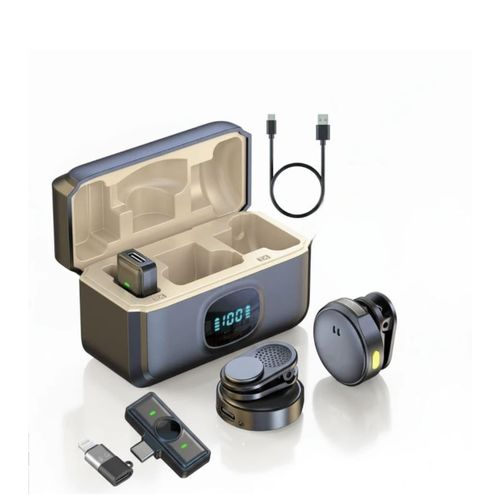 Dual noise cancellation magnetic wireless lavalier microphone system with a charging case with a digital battery display and power bank The set is designed for mobile devices, For TYPE-C DEVICES!!!