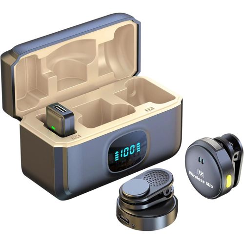 Dual noise cancellation magnetic wireless lavalier microphone system with a charging case with a digital battery display and power bank The set is designed for mobile devices, For TYPE-C DEVICES!!!