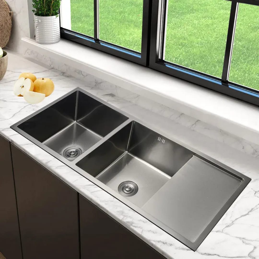 Stainless Steel Kitchen Sink Double Bowls with Drainboard & Waste Strainers, Water Basin Sinks with 3 mm Thick Edge, Dish washing Workstation, Black Color.HEAVY DUTY