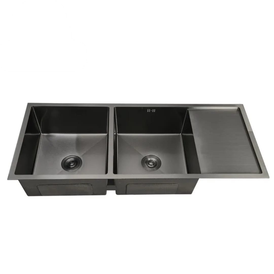 Stainless Steel Kitchen Sink Double Bowls with Drainboard & Waste Strainers, Water Basin Sinks with 3 mm Thick Edge, Dish washing Workstation, Black Color.HEAVY DUTY