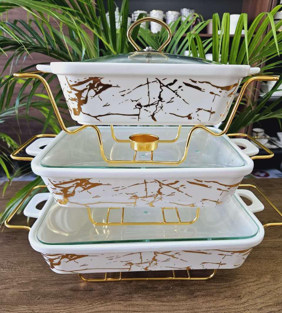 3Pcs Quality Ceramic Chaffing Dishes Food Warmer