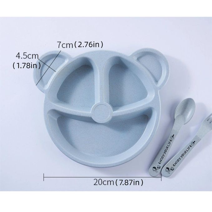 ShebSheb Kids’ Divided Plate Set with Spoon & Fork – Cute Bear Design | Wheat Straw Toddler Tableware