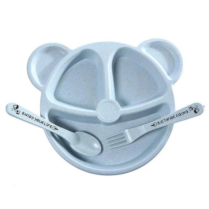 ShebSheb Kids’ Divided Plate Set with Spoon & Fork – Cute Bear Design | Wheat Straw Toddler Tableware