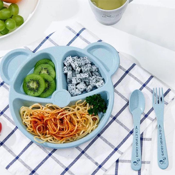 ShebSheb Kids’ Divided Plate Set with Spoon & Fork – Cute Bear Design | Wheat Straw Toddler Tableware