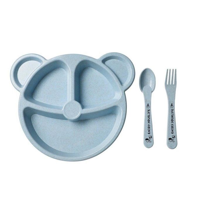 ShebSheb Kids’ Divided Plate Set with Spoon & Fork – Cute Bear Design | Wheat Straw Toddler Tableware