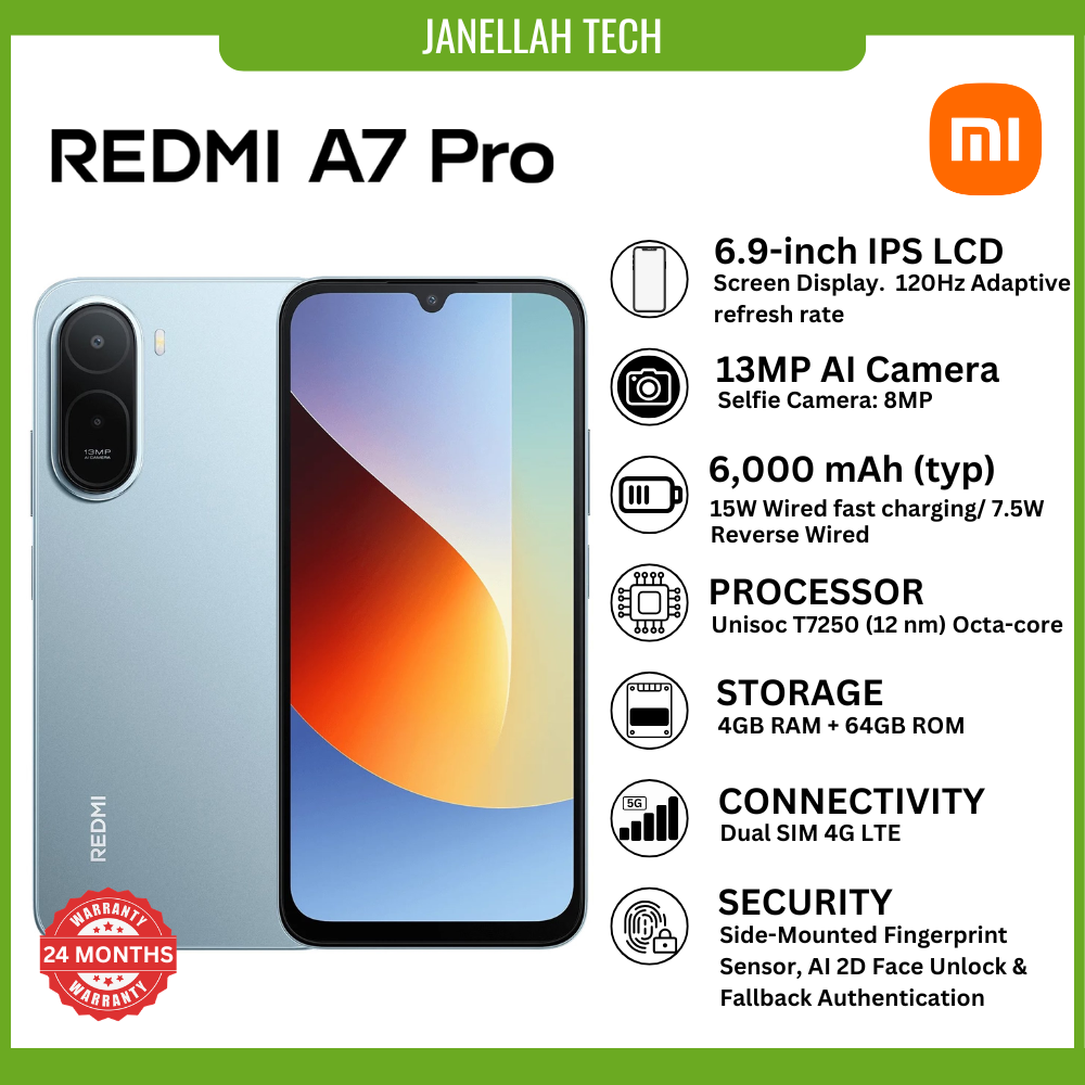 [Exclusive Offer] Brand New Redmi A7 Pro (4GB RAM + 64GB Storage) 4G Smartphone,6.9-inch HD+ IPS LCD, Android 16, 13MP AI Dual Camera, 8MP Front Camera,6000mAh,5W wired fast charging via USB Type-C