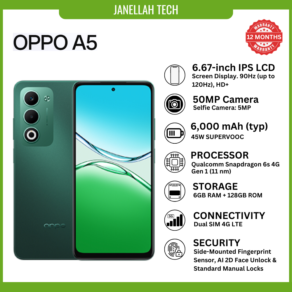 [Exclusive Offer+ Free Earphone & Screen Protector] Brand New OPPO A5 (4G) Smartphone, ( 6 + 128) 6.67 inches,Corning Gorilla Glass, Main 50 MP, Front 5MP, 6000 mAh, 45W SUPERVOOC™, Android 15