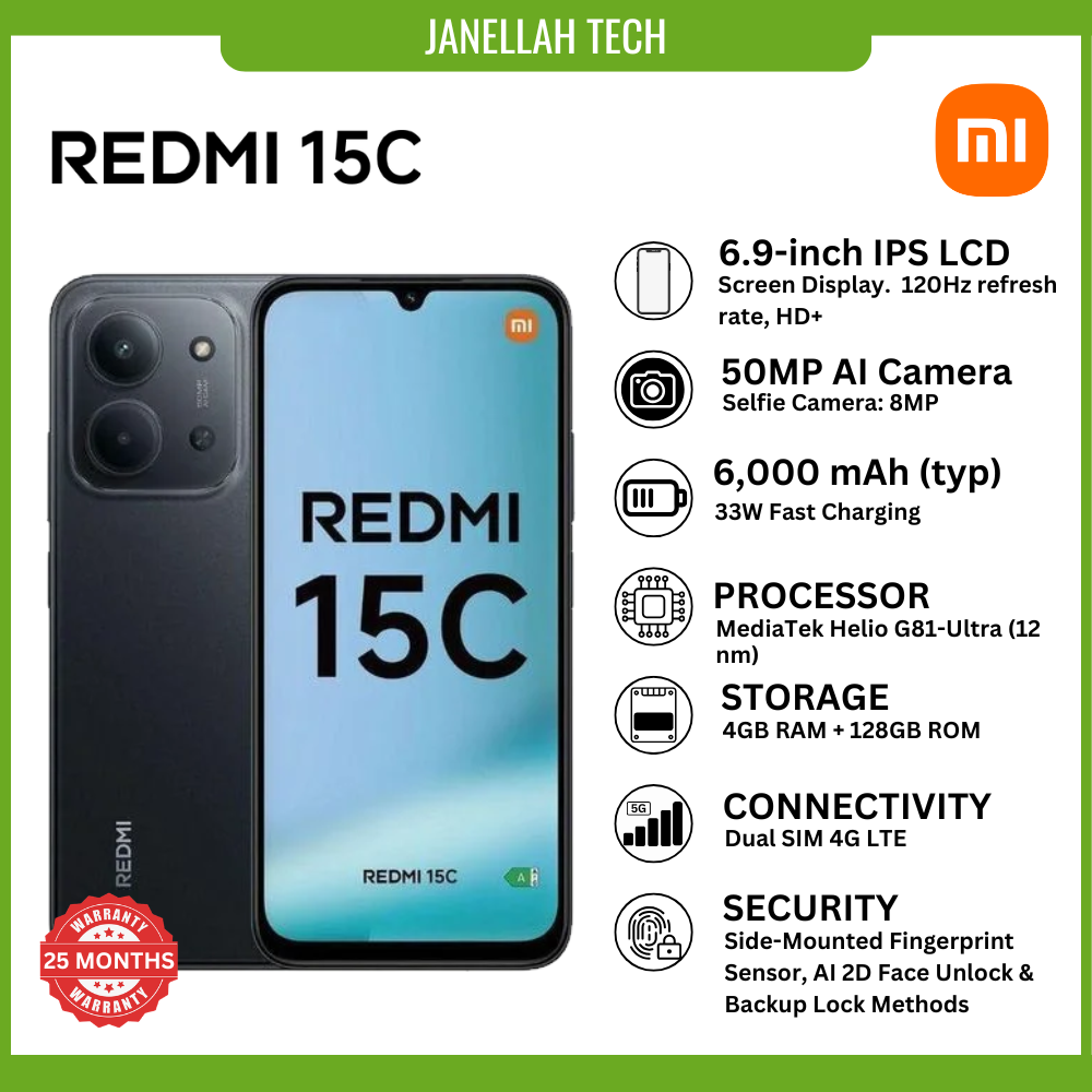 [Exclusive Offer] Brand New Xiaomi Redmi 15C (4G) Smartphone, 4GB + 128GB, 6GB + 128GB, 8GB + 256GB, 6.9-inch, IPS LCD with Corning Gorilla Glass 3, 50 MP Main Camera, 8MP Front Camera, 6,000 mAh