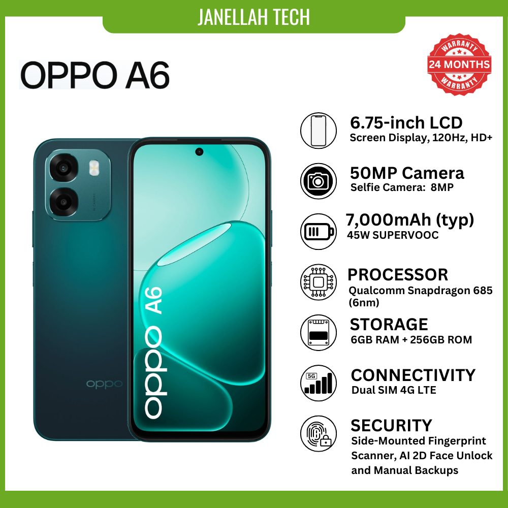 [Exclusive Offer+ Free Earphone & Screen Protector] Brand New OPPO A6 4G Massive 7,000 mAh battery, 45W SUPERVOOC Flash Charge,6.75-inch IPS LCD panel,120Hz, 6GB, or 8GB RAM,128GB or 256GB, Android 15
