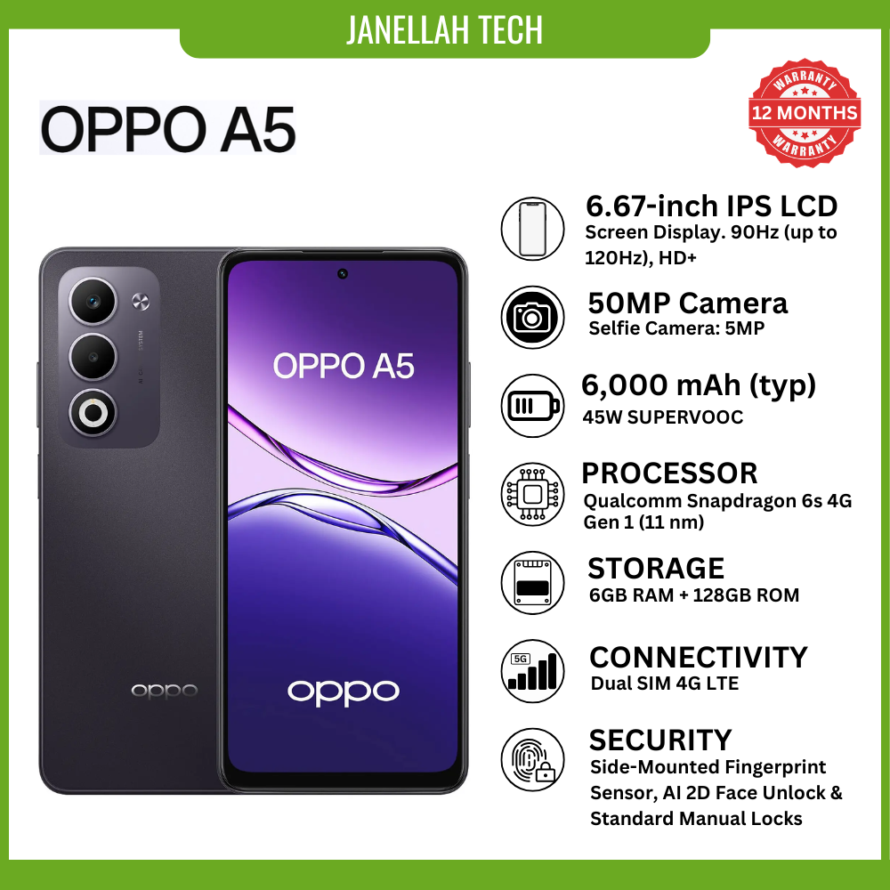 [Exclusive Offer+ Free Earphone & Screen Protector] Brand New OPPO A5 (4G) Smartphone, ( 6 + 128) 6.67 inches,Corning Gorilla Glass, Main 50 MP, Front 5MP, 6000 mAh, 45W SUPERVOOC™, Android 15