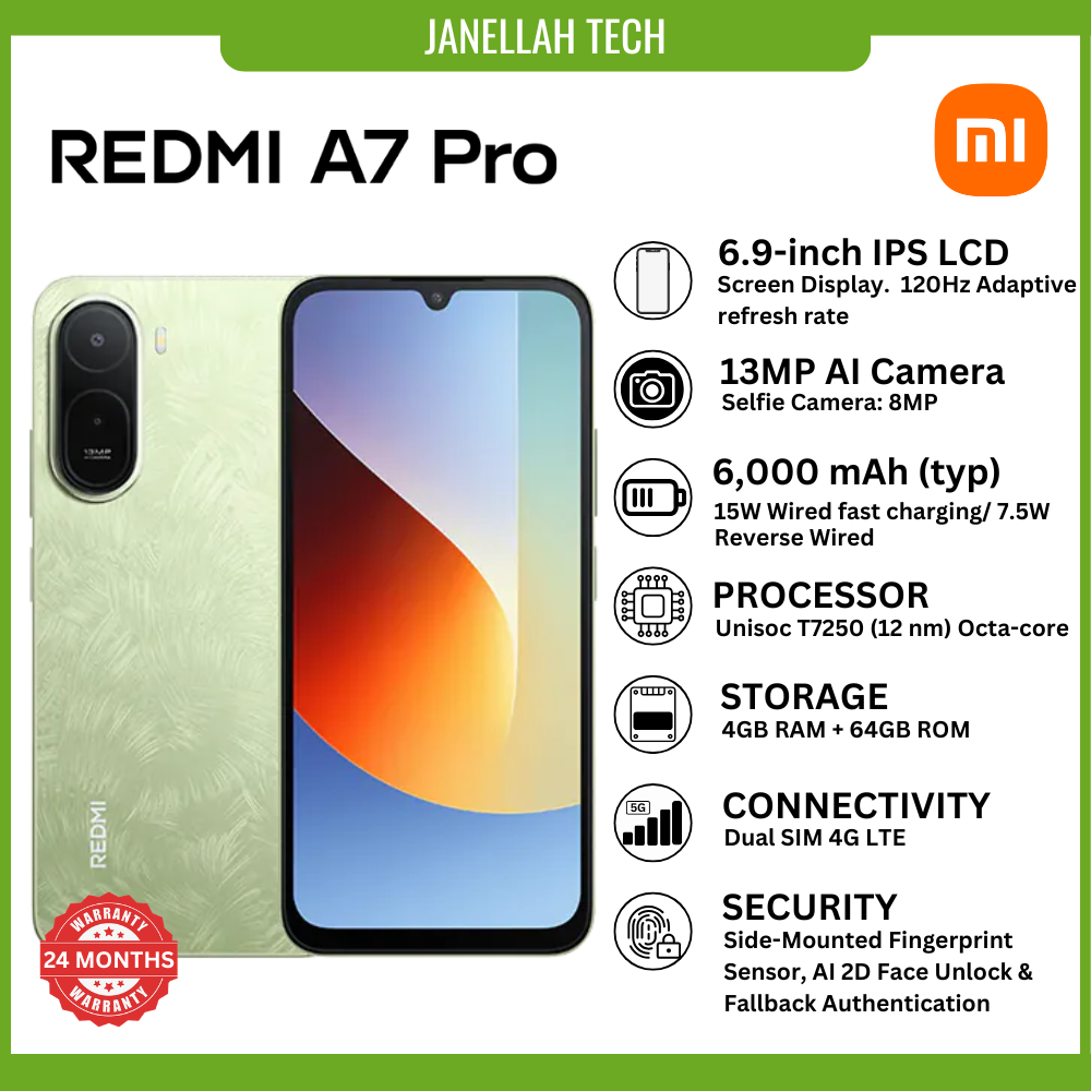[Exclusive Offer] Brand New Redmi A7 Pro (4GB RAM + 64GB Storage) 4G Smartphone,6.9-inch HD+ IPS LCD, Android 16, 13MP AI Dual Camera, 8MP Front Camera,6000mAh,5W wired fast charging via USB Type-C