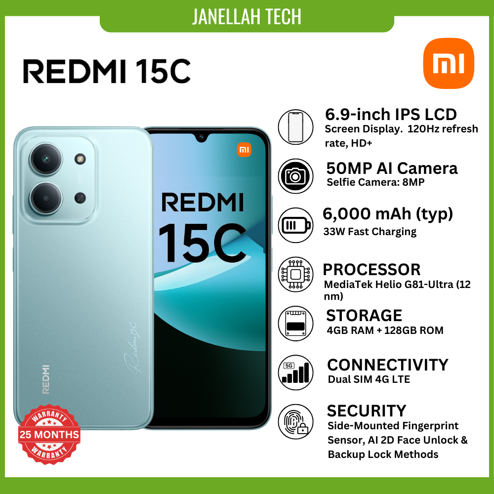 [Exclusive Offer] Brand New Xiaomi Redmi 15C (4G) Smartphone, 4GB + 128GB, 6GB + 128GB, 8GB + 256GB, 6.9-inch, IPS LCD with Corning Gorilla Glass 3, 50 MP Main Camera, 8MP Front Camera, 6,000 mAh